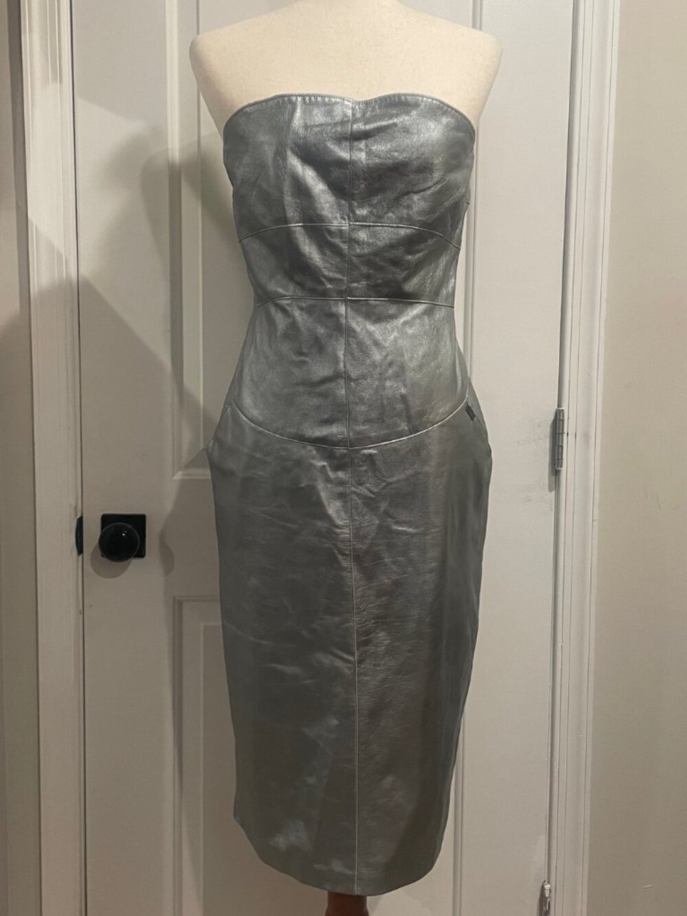 CHANEL Silver Leather Bustier Dress